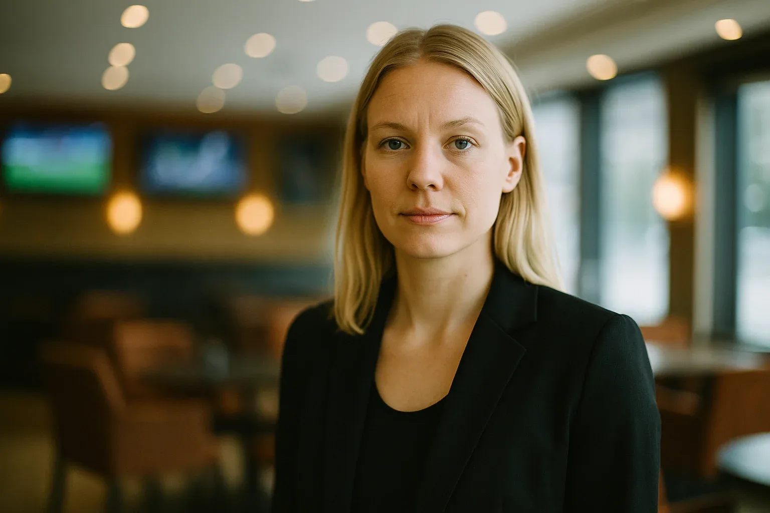 Suomalainen vaalea nainen tummassa bleiserissä urheiluloungen edessä